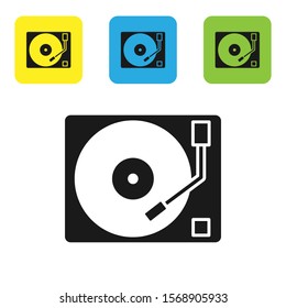 Black Vinyl player with a vinyl disk icon isolated on white background. Set icons colorful square buttons. Vector Illustration