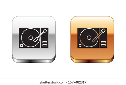 Black Vinyl player with a vinyl disk icon isolated on white background. Silver-gold square button. Vector Illustration