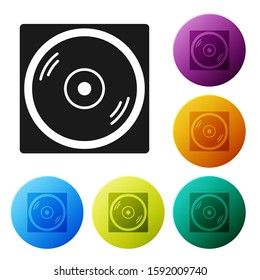 Black Vinyl player with a vinyl disk icon isolated on white background. Set icons colorful circle buttons. Vector Illustration