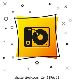 Black Vinyl player with a vinyl disk icon isolated on white background. Yellow square button. Vector