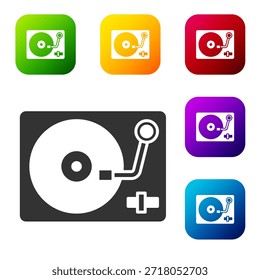 Schwarzer Vinyl-Spieler mit einem Vinylscheiben-Symbol einzeln auf weißem Hintergrund. Setzen Sie Symbole in Farbe quadratischen Schaltflächen. Vektorgrafik