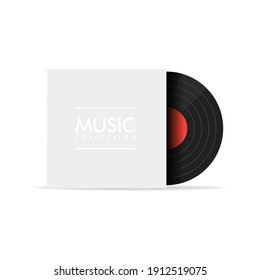 Black vinyl record with blank white cover on white background. Music concert poster for your design.