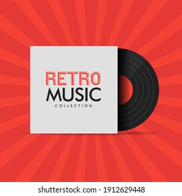 Black Vinyl Record With Blank White Cover On Red Pop Art Background. Music Concert Poster For Your Design.