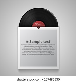 Black vinyl record disk in paper case on gray background, LP music cover, template design element, Realistic vector illustration