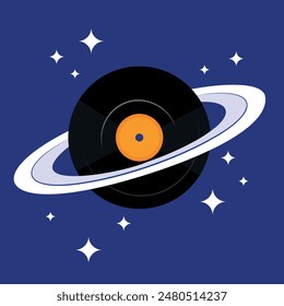 Black vinyl record forming Saturn planet over blue background with white stars. Nightclub party. Creative vector illustration. Concept of music, retro style, creativity, pop art
