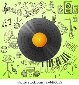Black vinyl record and hand draw misic icon, excellent vector illustration, EPS 10