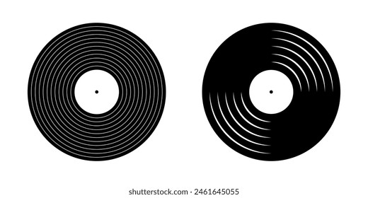 Black vinyl record icons. LP or long play music plates for gramophone isolated on white background. DJ techno party equipment. 70s 80s 90s discotheque nostalgia concept. Vector graphic illustration.