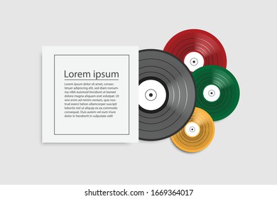 black vinyl record and multi color turntable in a paper case. - musical poster for your design.