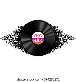 Black vinyl record music on abstract notes background, vector illustration