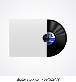 Black vinyl record music with pack isolated on white background, realistic vector illustration