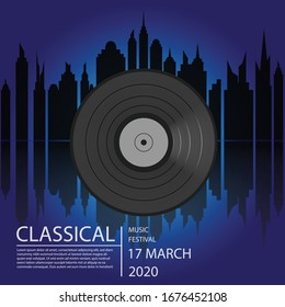 black vinyl record on and the city on blue wonderful background. - concert poster for your design.