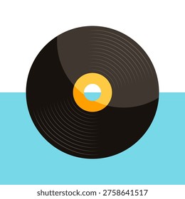 Black vinyl record with an orange and white label, set against a split background of white and light blue. This graphic represents music, audio, and vintage sound technology.