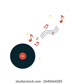 Black Vinyl Record with Red Center Playing Flowing Red Music Notes and Yellow Stars