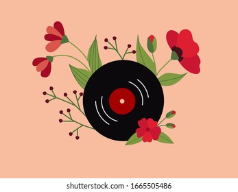 black vinyl record and red flowers, flat vetor illustration/poster