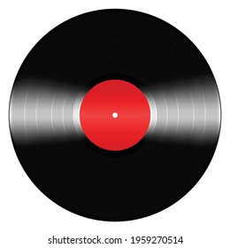 Black vinyl record with red label isolated on white background.