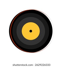 Black vinyl record with yellow label and concentric rings.