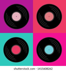 Black vinyl records with colorful labels on colorful background. Vector illustration.
