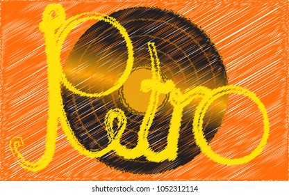 Black vinyl, retro, hipster, antique, old, antique, analog, musical plate painted in a stroked style on a yellow background. Vector illustration.
