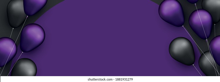 Black and violet foil balloons with threads on violet background. Space for text. Vector festive illustration.