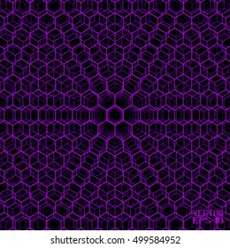 Black and Violet Geometric Cellular Pattern. Abstract Monochrome Grid with Hexagon. Graphic Style for Print. Vector. 3d Illustration