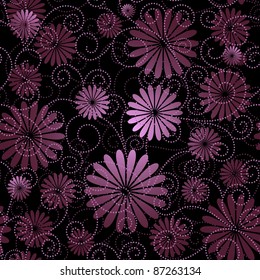 Black and violet seamless floral pattern with flowers and curls (vector)