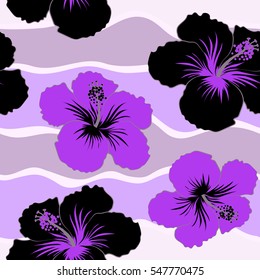 Black and violet vector seamless pattern. Vector illustration. Tropical seamless pattern with many black and violet hibiscus flowers.