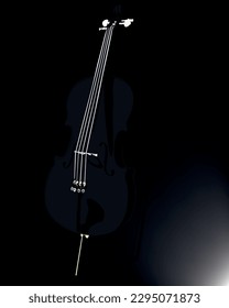 violoncello negro sobre fondo negro, con arco al lado