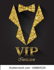 Black  VIP Background With Golden Tuxedo And Bow Tie, Vector Illustration. Gold Invitation Card. Flyer Design Template