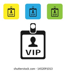 Black VIP badge icon isolated on white background. Set icons colorful square buttons. Vector Illustration