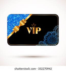 Black vip card vector template with blue glitter effect and golden bow