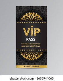 Black VIP pass admission flyer template with golden glittering VIP sign, mandalas and pattern background.