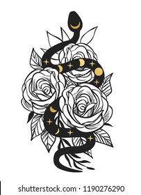 Black viper in rose bouquet. Vector hand drawn illustration. Tattoo sketch, t-shirt print, sticker design