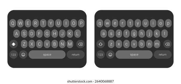 Black virtual mobile keyboard layout vector with uppercase and lowercase keys on transparent background, digital touchscreen typing interface for smartphone UI design