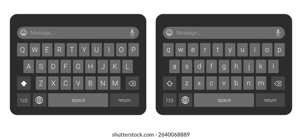 Black virtual mobile keyboard layout vector with uppercase and lowercase keys on transparent background, digital touchscreen typing interface for smartphone UI design