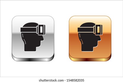 Black Virtual reality glasses icon isolated on white background. Stereoscopic 3d vr mask. Silver-gold square button. Vector Illustration