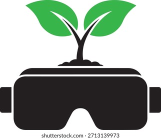 Ein schwarzes Virtual-Reality-Headset mit einer grünen Pflanze, die aus Erde auf weißem Hintergrund wächst.