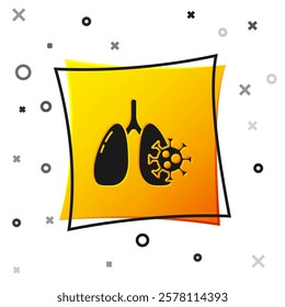 Black Virus cells in lung icon isolated on white background. Infected lungs. Coronavirus, COVID-19. 2019-nCoV. Yellow square button. Vector