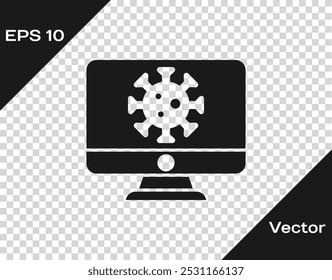 Estatísticas de vírus preto no ícone do monitor isolado no fundo transparente. Corona virus 2019-nCoV. Bactérias e germes, câncer de células, micróbios, fungos.  Vetor