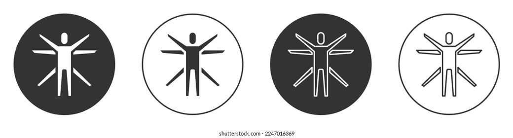 Black Vitruvian Man by Leonardo Da Vinci icon isolated on white background. Human anatomy. Circle button. Vector