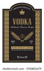 black vodka label with royal crown and ears of wheat in retro style