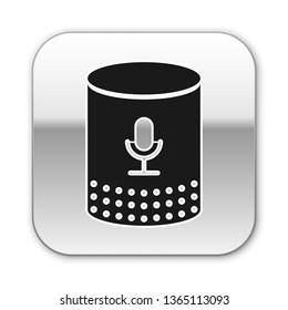 Black Voice assistant icon isolated on white background. Voice control user interface smart speaker. Silver square button. Vector Illustration