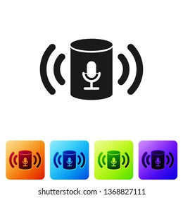 Black Voice assistant icon isolated on white background. Voice control user interface smart speaker. Set icon in color square buttons. Vector Illustration