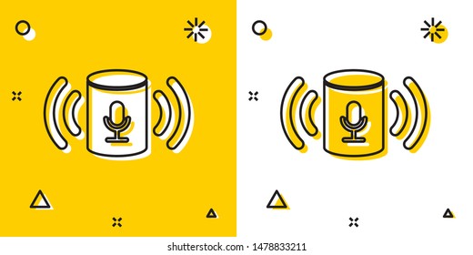 Black Voice assistant icon isolated on yellow and white background. Voice control user interface smart speaker. Random dynamic shapes. Vector Illustration