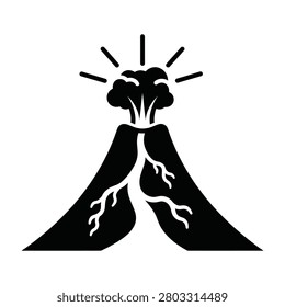 A black volcano erupts with smoke and flames on a white background, symbolizing power and nature's fury