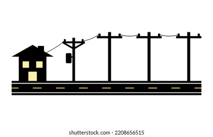 Black voltage power electric poles to transmit electricity to city house with street road icon flat vector design.