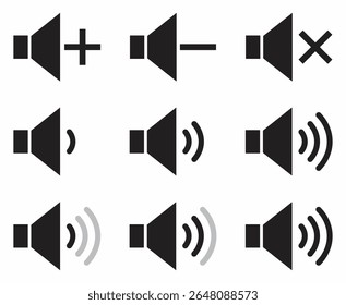 Black volume speaker icons showing mute, low, medium, high, increase, and decrease sound levels. Ideal for apps, UI design, media players, buttons, web interfaces, and audio control symbols.