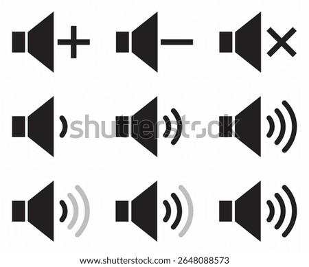 Black volume speaker icons showing mute, low, medium, high, increase, and decrease sound levels. Ideal for apps, UI design, media players, buttons, web interfaces, and audio control symbols.