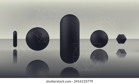 Black volumetric geometric shapes hover over the gray surface of water, abstract gradient vector background, Halftone minimal covers design