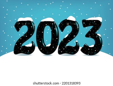 Black voluminous vigilant number 2023 with sparks on the big white snowdrift. Blue background as a sky with snowfall. Place for custom text. New Year Card. Vector Illustration