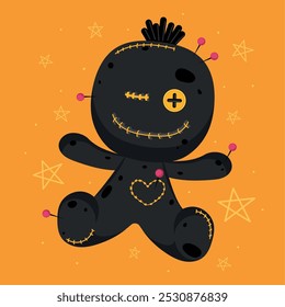 Black voodoo doll with yellow stitches and heart, Vector